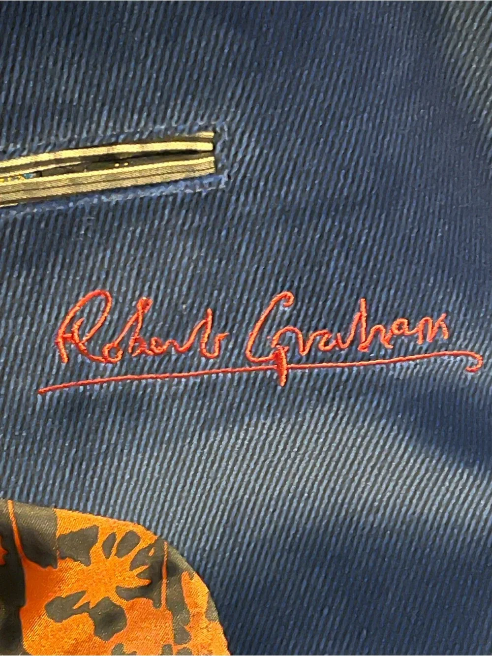 Robert Graham Navy Blue Velvet Corduroy Blazer Printed Lining 44 R Detail Art EC